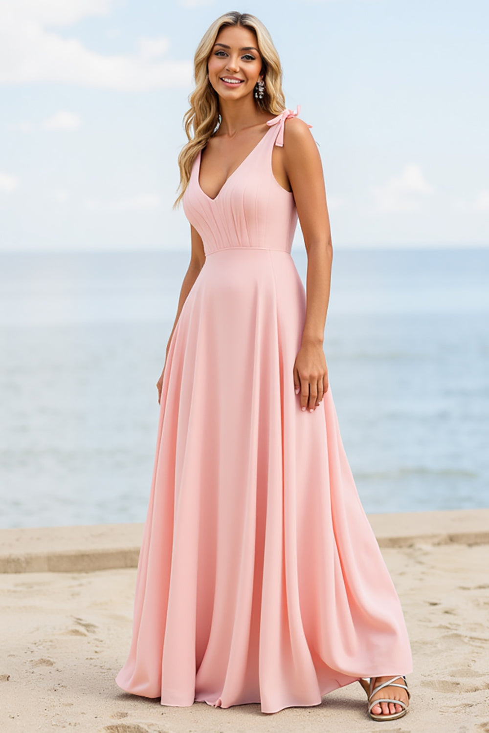 Candy Pink Boho Maxi Bridesmaid Dress with Bows