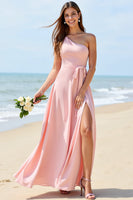 Load image into Gallery viewer, One Shoulder Candy Pink Chiffon Boho Maxi Bridesmaid Dress with Slit
