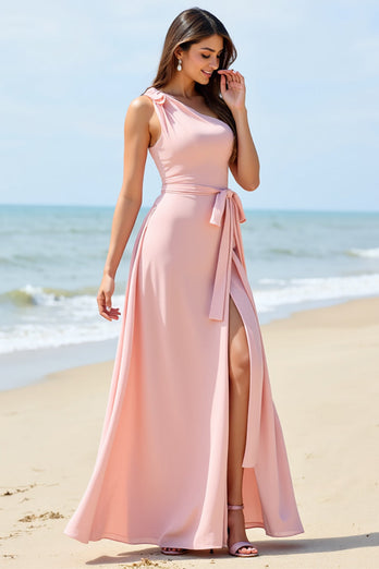 One Shoulder Candy Pink Chiffon Boho Maxi Bridesmaid Dress with Slit