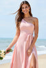 Load image into Gallery viewer, One Shoulder Candy Pink Chiffon Boho Maxi Bridesmaid Dress with Slit