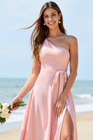 Load image into Gallery viewer, One Shoulder Candy Pink Chiffon Boho Maxi Bridesmaid Dress with Slit