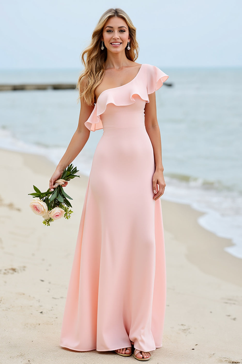 Candy Pink Boho Maxi Bridesmaid Dress with Ruffles