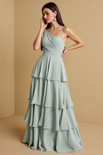 Sage Green Chiffon Tiered Boho Maxi Bridesmaid Dress with Ruffles