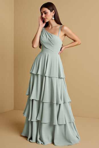 Sage Green Chiffon Tiered Boho Maxi Bridesmaid Dress with Ruffles