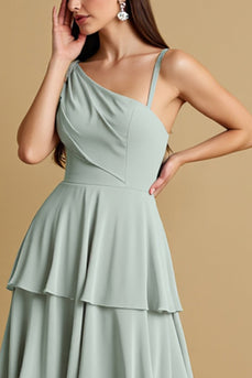 Sage Green Chiffon Tiered Boho Maxi Bridesmaid Dress with Ruffles