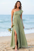 Load image into Gallery viewer, One Shoulder Chiffon Dusty Sage Boho Maxi Bridesmaid Dress with Slit