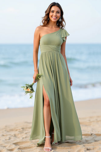 One Shoulder Chiffon Dusty Sage Boho Maxi Bridesmaid Dress with Slit