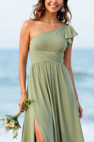 Load image into Gallery viewer, One Shoulder Chiffon Dusty Sage Boho Maxi Bridesmaid Dress with Slit