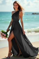 Load image into Gallery viewer, Green One Shoulder Ruched Boho Maxi Bridesmaid Dress with Slit