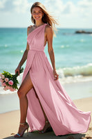 Load image into Gallery viewer, Green One Shoulder Ruched Boho Maxi Bridesmaid Dress with Slit