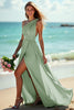 Load image into Gallery viewer, Green One Shoulder Ruched Boho Maxi Bridesmaid Dress with Slit