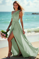 Load image into Gallery viewer, Green One Shoulder Ruched Boho Maxi Bridesmaid Dress with Slit