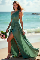 Load image into Gallery viewer, Green One Shoulder Ruched Boho Maxi Bridesmaid Dress with Slit