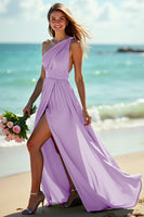 Load image into Gallery viewer, Lilac Ruched One Shoulder Boho Maxi Bridesmaid Dress with Slit