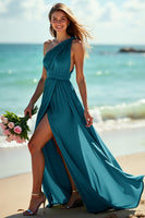 Load image into Gallery viewer, Lilac Ruched One Shoulder Boho Maxi Bridesmaid Dress with Slit