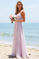 Load image into Gallery viewer, Lilac Chiffon A-Line Spaghetti Straps Boho Maxi Bridesmaid Dress