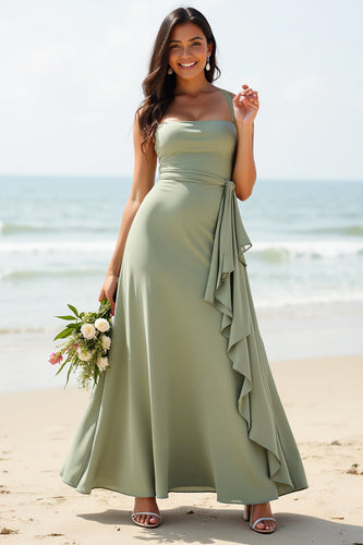A Line Dusty Sage Boho Maxi Bridesmaid Dress with Ruffles