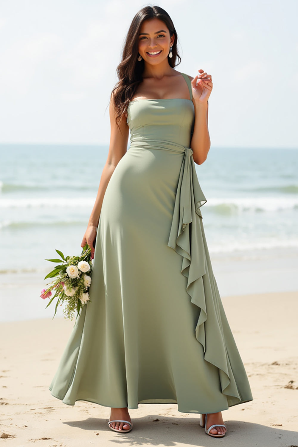 A Line Dusty Sage Boho Maxi Bridesmaid Dress with Ruffles