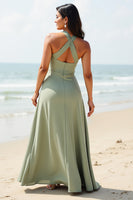 Load image into Gallery viewer, A Line Dusty Sage Boho Maxi Bridesmaid Dress with Ruffles