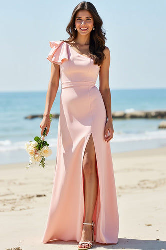 Satin Blush Boho Maxi Ruffled Bridesmaid Dress with Slit