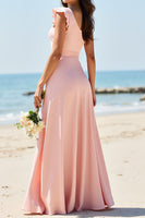 Load image into Gallery viewer, Satin Blush Boho Maxi Ruffled Bridesmaid Dress with Slit