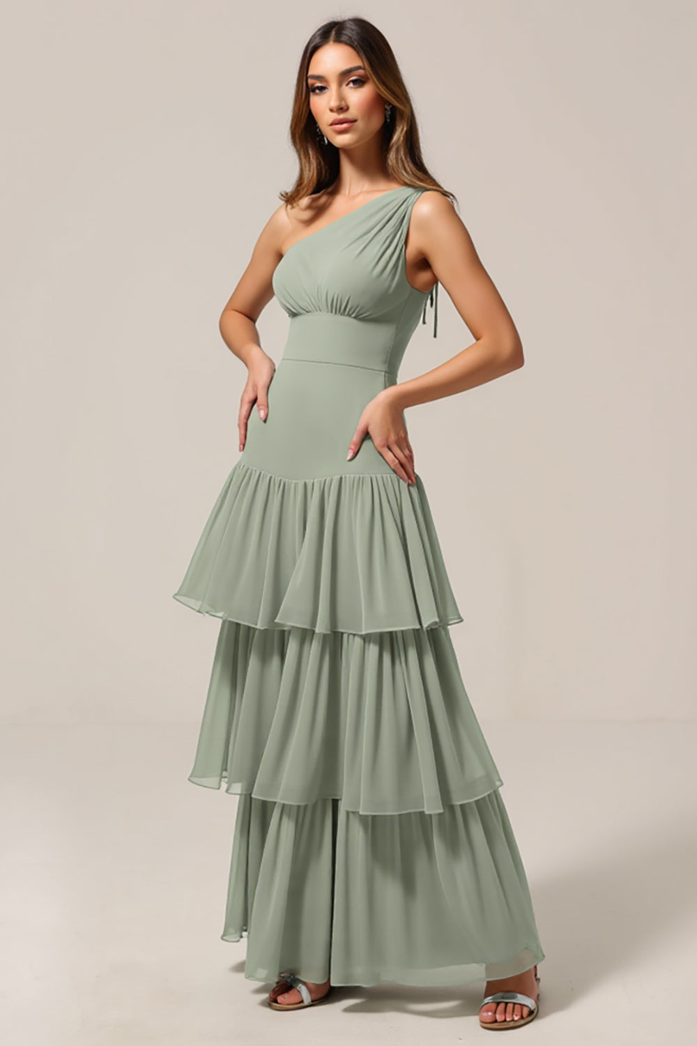 One Shoulder Tiered Sage Green Maxi Bridesmaid Dress with Ruffles