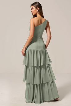 One Shoulder Tiered Sage Green Maxi Bridesmaid Dress with Ruffles