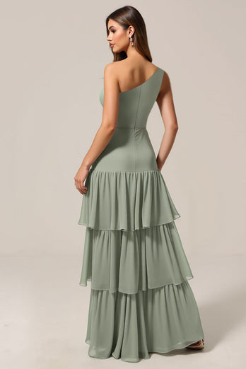 One Shoulder Tiered Sage Green Maxi Bridesmaid Dress with Ruffles