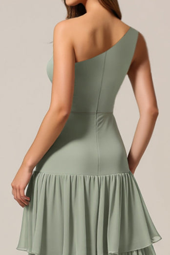 One Shoulder Tiered Sage Green Maxi Bridesmaid Dress with Ruffles