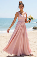 Load image into Gallery viewer, V-Neck Candy Pink Boho Maxi Bridesmaid Dress with Pleats
