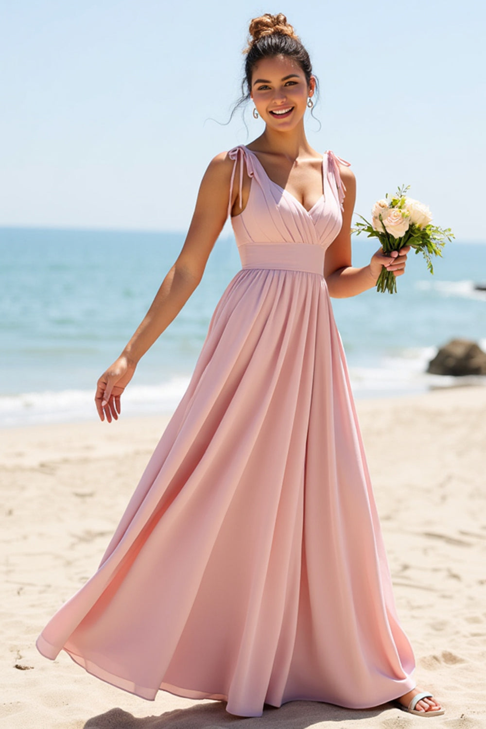 V-Neck Candy Pink Boho Maxi Bridesmaid Dress with Pleats