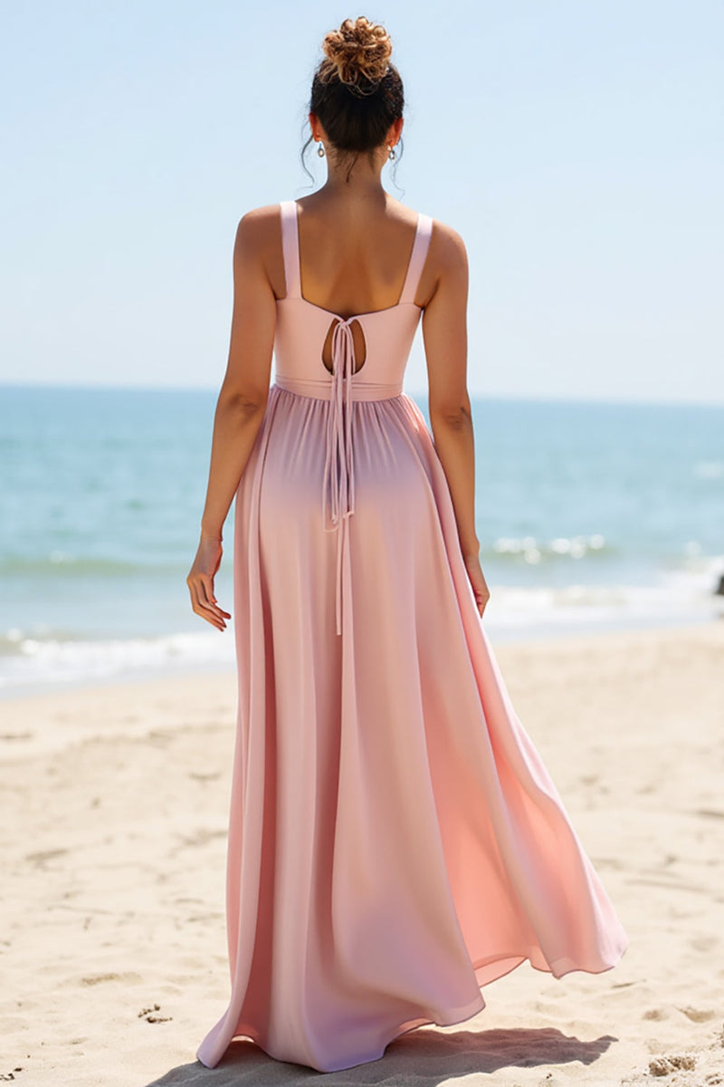 Load image into Gallery viewer, V-Neck Candy Pink Boho Maxi Bridesmaid Dress with Pleats