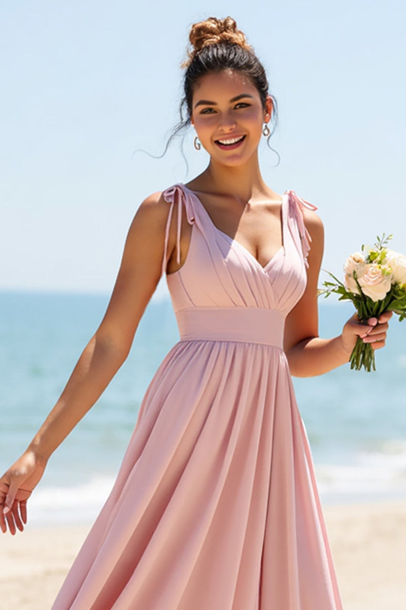 Load image into Gallery viewer, V-Neck Candy Pink Boho Maxi Bridesmaid Dress with Pleats
