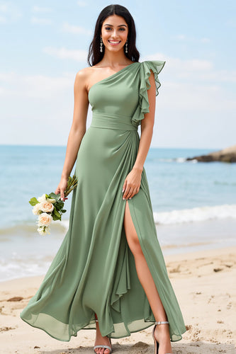 Ruffled Chiffon Dusty Sage Maxi Boho Bridesmaid Dress with Slit