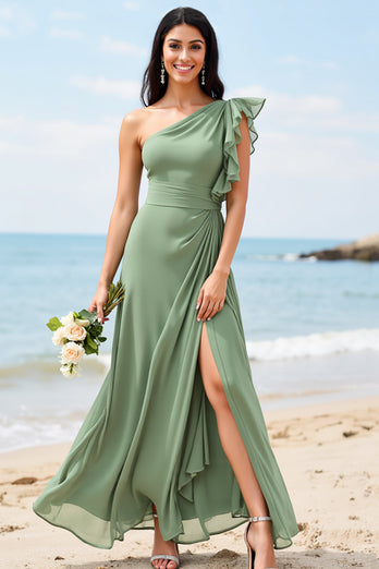Ruffled Chiffon Dusty Sage Maxi Boho Bridesmaid Dress with Slit