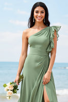 Load image into Gallery viewer, Ruffled Chiffon Dusty Sage Maxi Boho Bridesmaid Dress with Slit