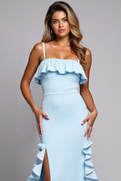Load image into Gallery viewer, Sky Blue Ruffled Mermaid Satin Maxi Bridesmaid Dress with Slit
