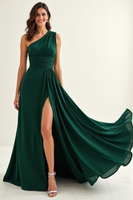 Load image into Gallery viewer, Ruched Boho Dark Green Maxi Bridesmaid Dress with Slit