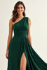 Load image into Gallery viewer, Ruched Boho Dark Green Maxi Bridesmaid Dress with Slit