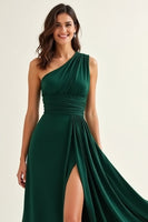Load image into Gallery viewer, Ruched Boho Dark Green Maxi Bridesmaid Dress with Slit