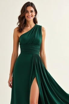 Ruched Boho Dark Green Maxi Bridesmaid Dress with Slit