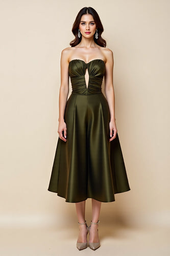 Olive Satin A Line Strapless Keyhole Midi Prom Dress