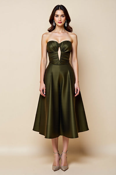 Olive Satin A Line Strapless Keyhole Midi Prom Dress