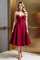 Load image into Gallery viewer, Dark Red A Line Satin Corset Midi Prom Dress with Beading