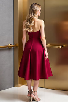 Dark Red A Line Satin Corset Midi Prom Dress with Beading