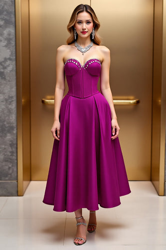 Fuchsia Corset A Line Satin Midi Cocktail Dress with Beading