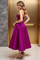 Load image into Gallery viewer, Fuchsia Corset A Line Satin Midi Cocktail Dress with Beading