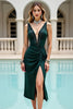 Load image into Gallery viewer, Pine Satin V Neck Beaded Midi Bodycon Prom Dress with Slit