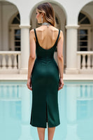 Load image into Gallery viewer, Pine Satin V Neck Beaded Midi Bodycon Prom Dress with Slit