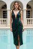 Load image into Gallery viewer, Pine Satin V Neck Beaded Midi Bodycon Prom Dress with Slit